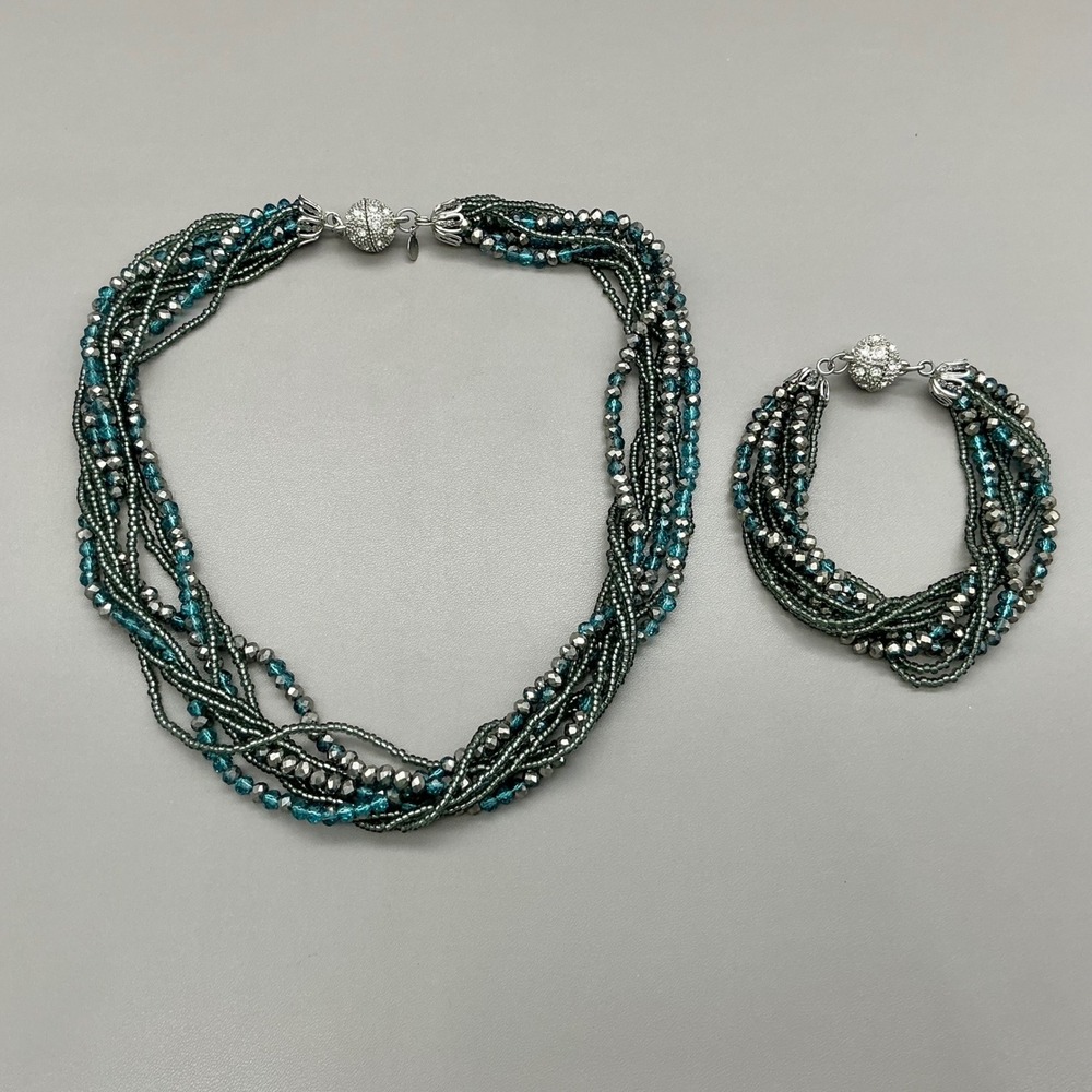 Premier Designs Necklace Bracelet Set Multi Strand Crystal Beaded Blue Gray
